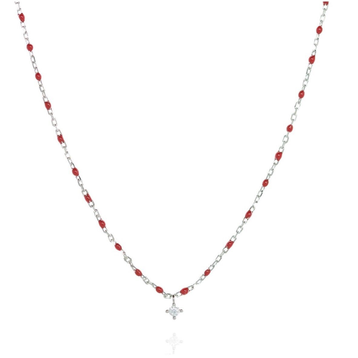 Silver Chain and Bead Necklace - Red