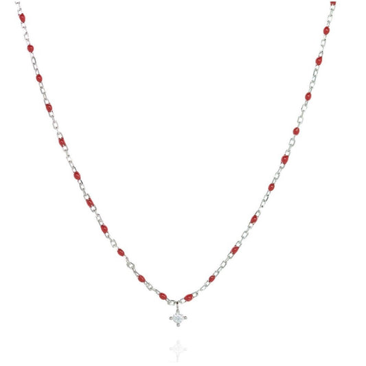 Silver Chain and Bead Necklace - Red